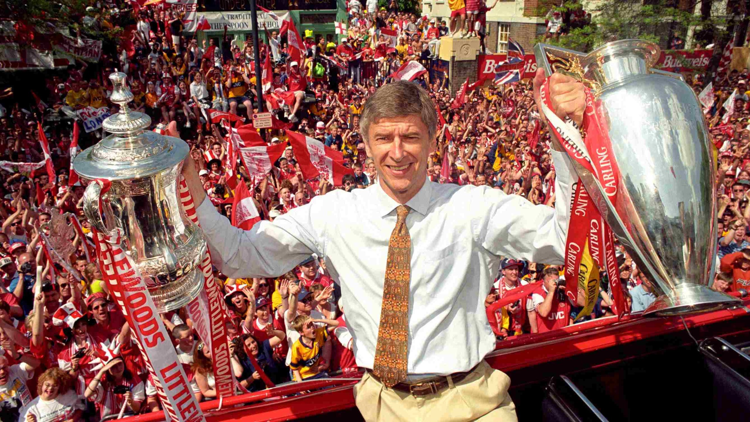 Arsène Wenger with FA & League Cups in victory parade